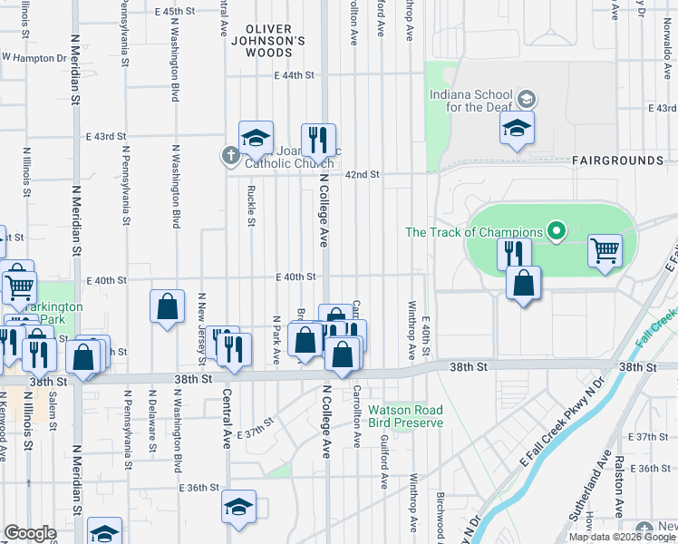 map of restaurants, bars, coffee shops, grocery stores, and more near 4042 North College Avenue in Indianapolis