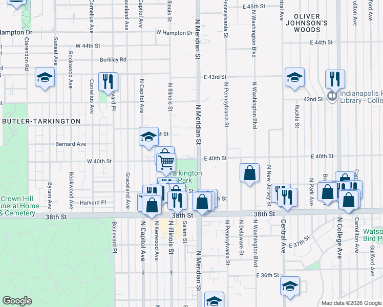 map of restaurants, bars, coffee shops, grocery stores, and more near 4045 North Meridian Street in Indianapolis