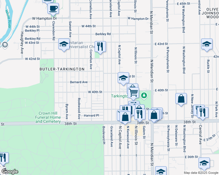 map of restaurants, bars, coffee shops, grocery stores, and more near 4044 Graceland Avenue in Indianapolis