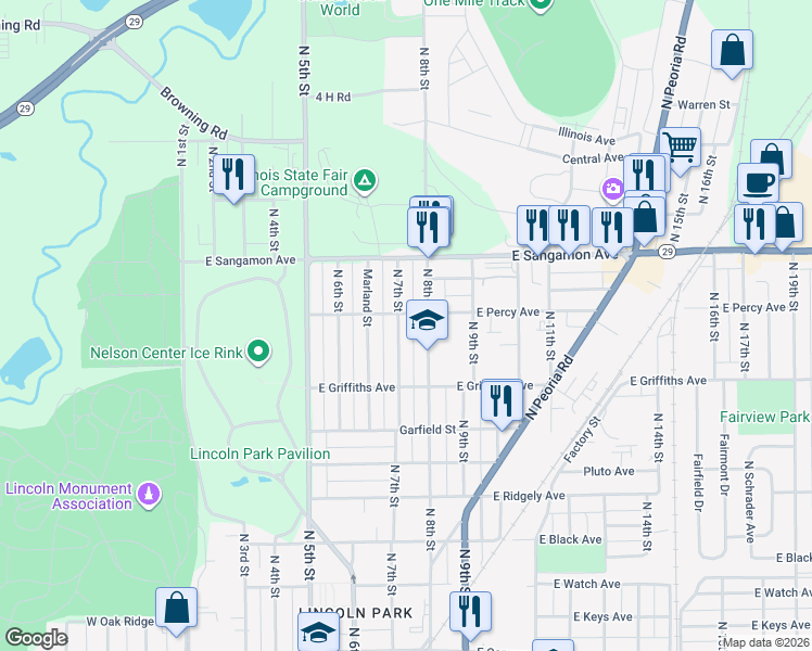 map of restaurants, bars, coffee shops, grocery stores, and more near 2109 North 7th Street in Springfield