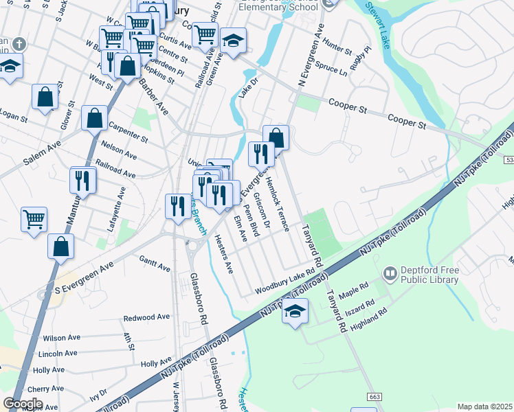 map of restaurants, bars, coffee shops, grocery stores, and more near 435 Griscom Drive in Woodbury