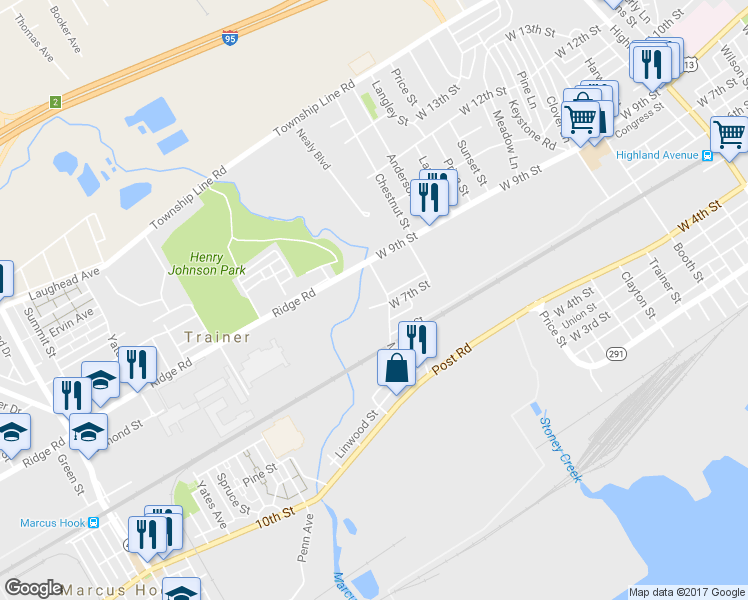 map of restaurants, bars, coffee shops, grocery stores, and more near 4214 West 7th Street in Marcus Hook