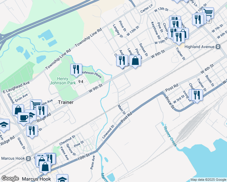 map of restaurants, bars, coffee shops, grocery stores, and more near 4214 West 7th Street in Marcus Hook