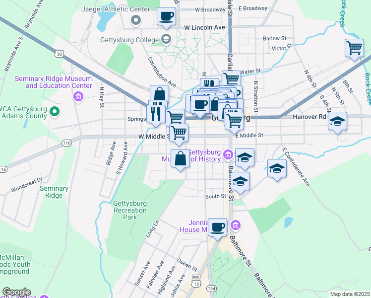 map of restaurants, bars, coffee shops, grocery stores, and more near South Franklin Street in Gettysburg