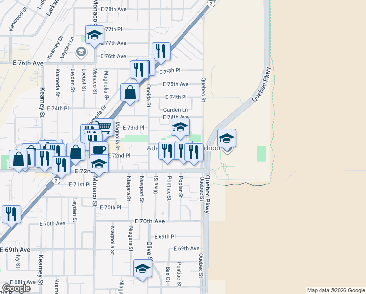 map of restaurants, bars, coffee shops, grocery stores, and more near 7133 East 73rd Avenue in Commerce City