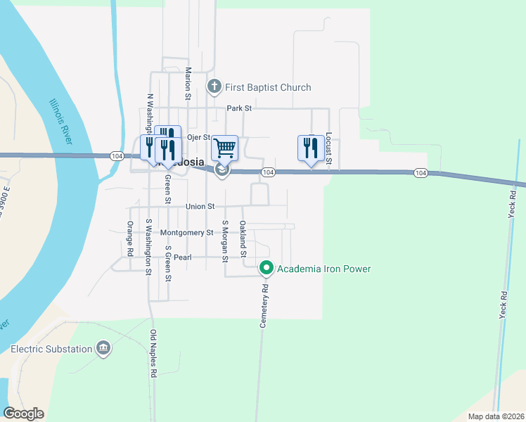 map of restaurants, bars, coffee shops, grocery stores, and more near 833 Union Street in Meredosia