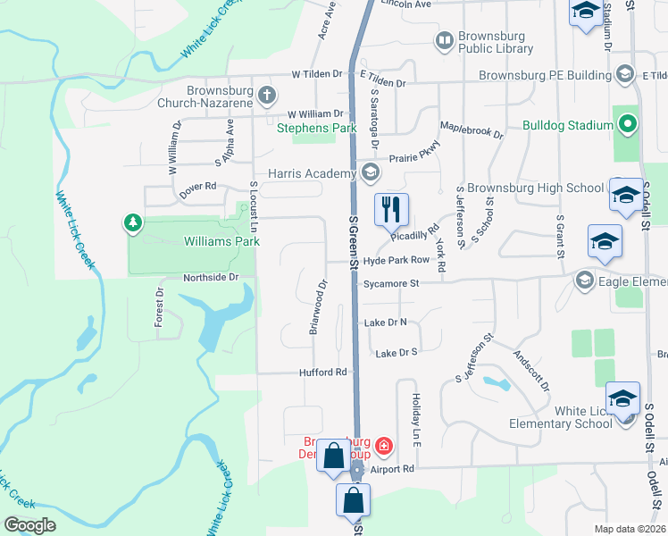 map of restaurants, bars, coffee shops, grocery stores, and more near 15 Thornleigh Drive in Brownsburg