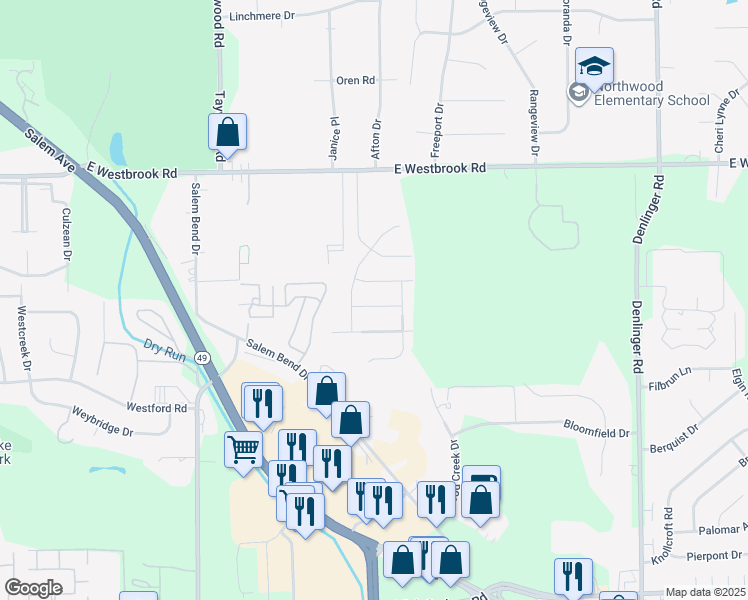 map of restaurants, bars, coffee shops, grocery stores, and more near 4941 Magellan Avenue in Dayton
