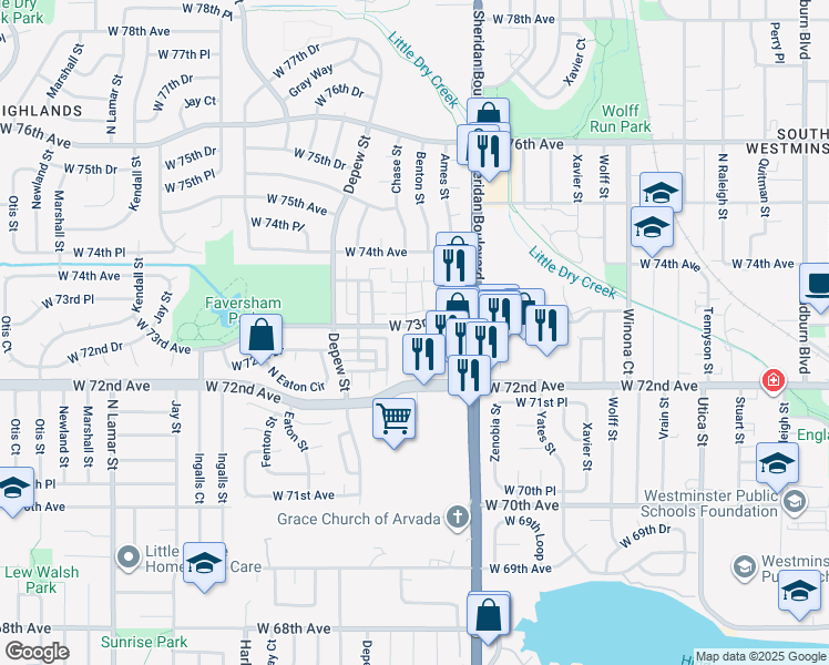 map of restaurants, bars, coffee shops, grocery stores, and more near 5430 West 73rd Avenue in Westminster