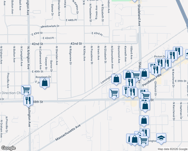 map of restaurants, bars, coffee shops, grocery stores, and more near 4001 North Pasadena Street in Indianapolis