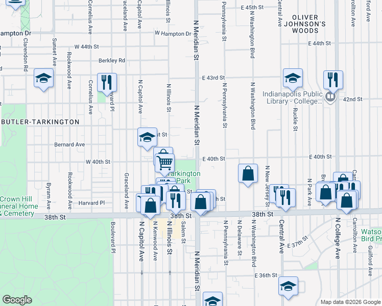 map of restaurants, bars, coffee shops, grocery stores, and more near 4045 North Meridian Street in Indianapolis