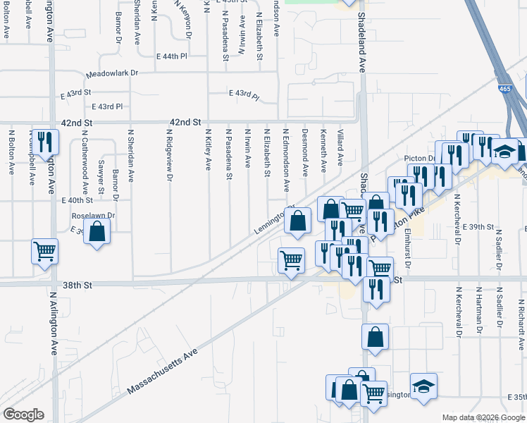 map of restaurants, bars, coffee shops, grocery stores, and more near 3944 North Elizabeth Street in Indianapolis