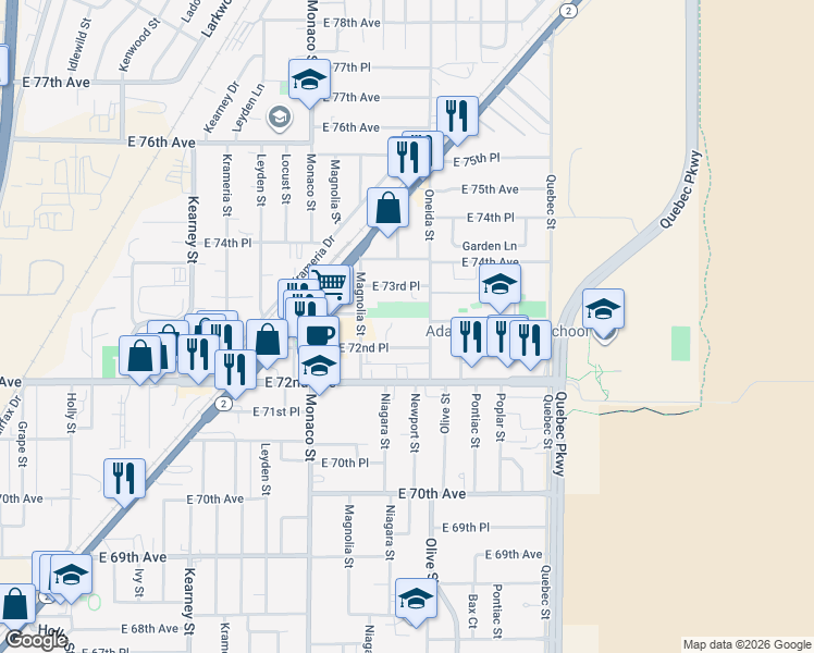 map of restaurants, bars, coffee shops, grocery stores, and more near 6850 East 73rd Place in Commerce City