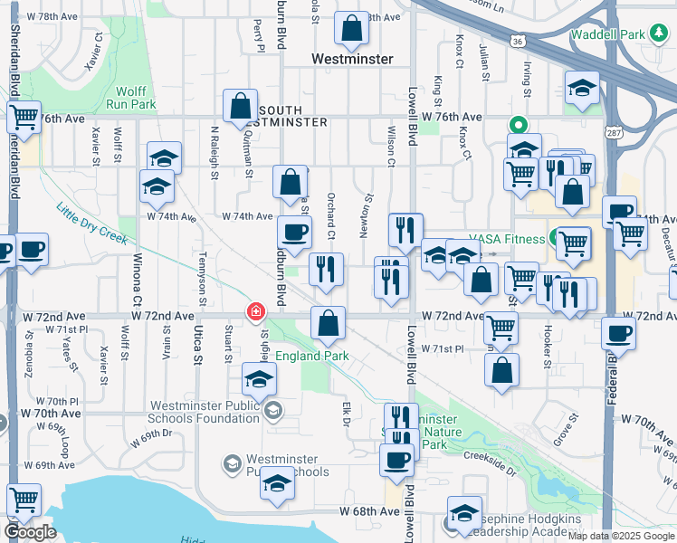 map of restaurants, bars, coffee shops, grocery stores, and more near 3809 West 73rd Avenue in Westminster