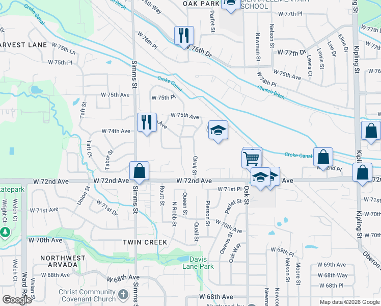 map of restaurants, bars, coffee shops, grocery stores, and more near 7342 Queen Street in Arvada