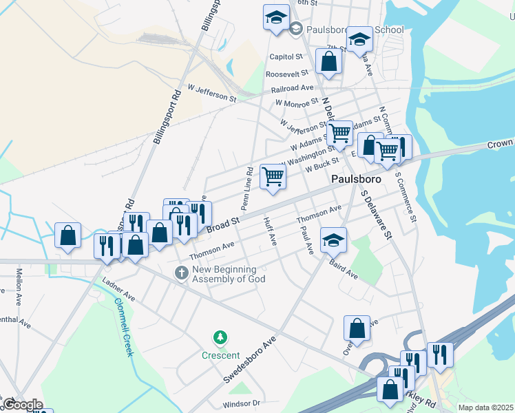 map of restaurants, bars, coffee shops, grocery stores, and more near 260 West Buck Street in Paulsboro