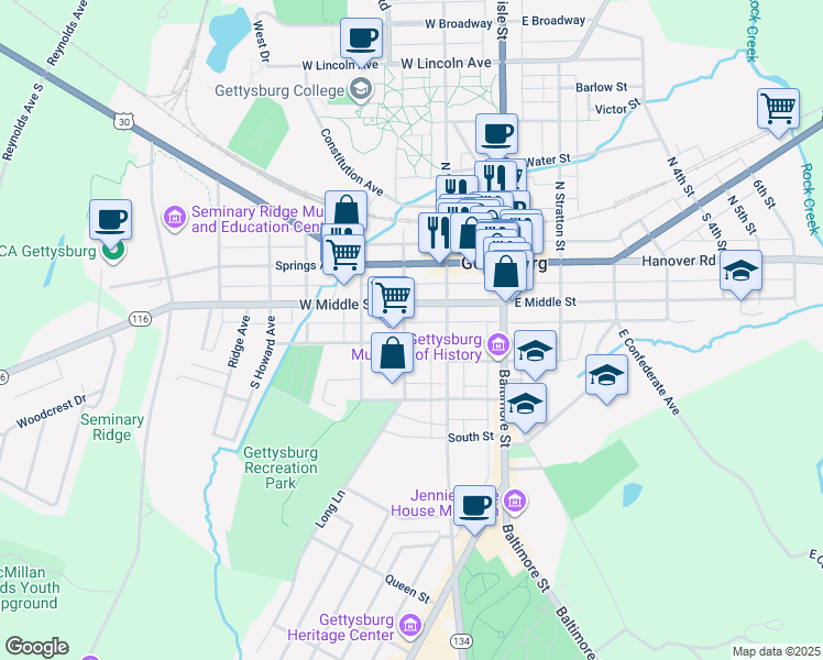 map of restaurants, bars, coffee shops, grocery stores, and more near 143 West High Street in Gettysburg