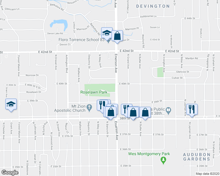 map of restaurants, bars, coffee shops, grocery stores, and more near 5019 East 40th Street in Indianapolis