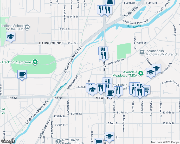 map of restaurants, bars, coffee shops, grocery stores, and more near 4049 Millersville Road in Indianapolis