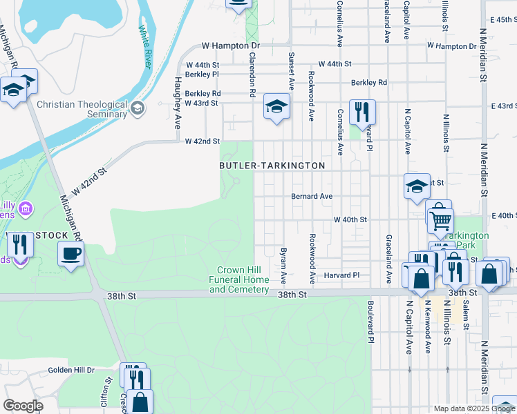 map of restaurants, bars, coffee shops, grocery stores, and more near 626 Bernard Avenue in Indianapolis