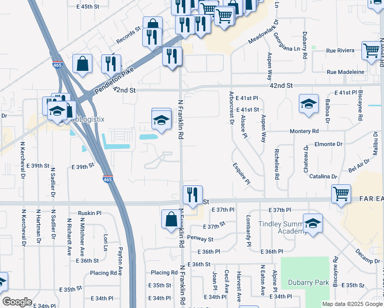 map of restaurants, bars, coffee shops, grocery stores, and more near 3935 North Franklin Road in Indianapolis