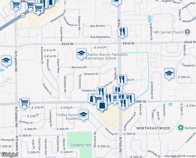 map of restaurants, bars, coffee shops, grocery stores, and more near 3949 Biscayne Road in Indianapolis