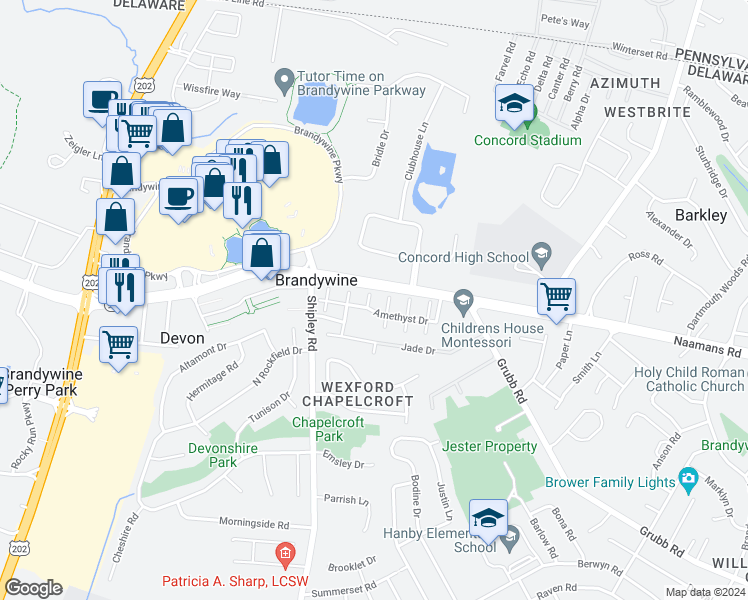 map of restaurants, bars, coffee shops, grocery stores, and more near 3207 Garnet Place in Wilmington