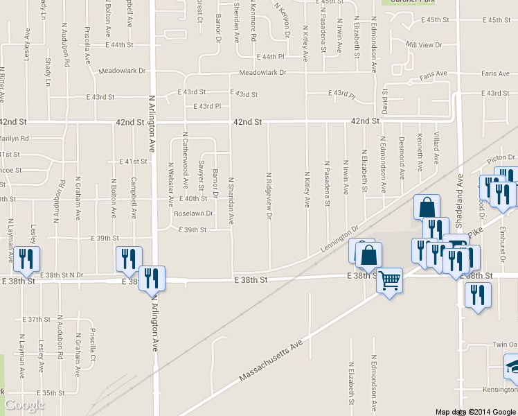 map of restaurants, bars, coffee shops, grocery stores, and more near 3936 North Ridgeview Drive in Indianapolis