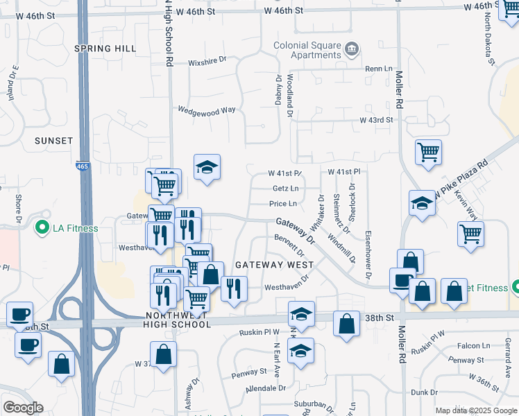 map of restaurants, bars, coffee shops, grocery stores, and more near 5939 Price Lane in Indianapolis