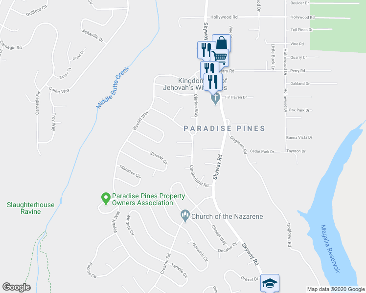 map of restaurants, bars, coffee shops, grocery stores, and more near 6332 Juneau Court in Magalia
