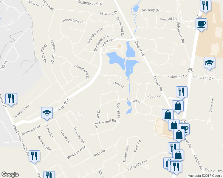 map of restaurants, bars, coffee shops, grocery stores, and more near 111 Cornell Dr in Voorhees