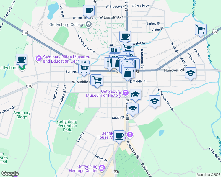 map of restaurants, bars, coffee shops, grocery stores, and more near 137 South Washington Street in Gettysburg