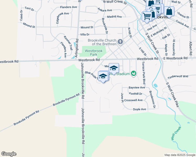 map of restaurants, bars, coffee shops, grocery stores, and more near Blue Pride Drive in Brookville