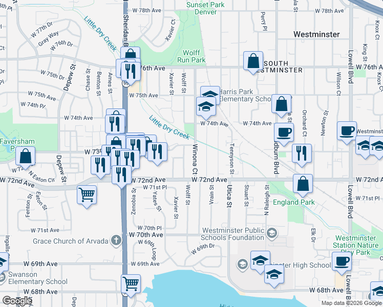map of restaurants, bars, coffee shops, grocery stores, and more near 7290 Wolff Street in Westminster
