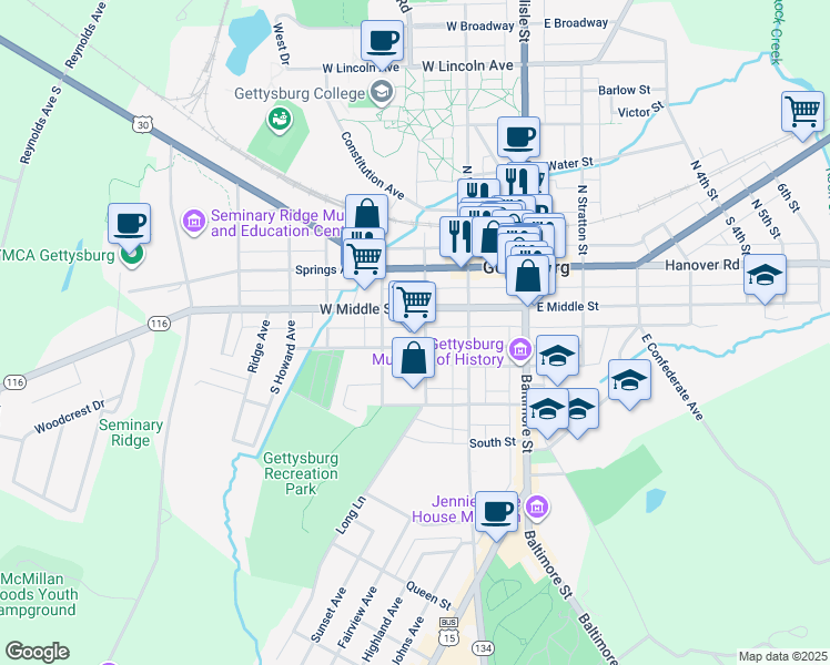 map of restaurants, bars, coffee shops, grocery stores, and more near 127 South Franklin Street in Gettysburg