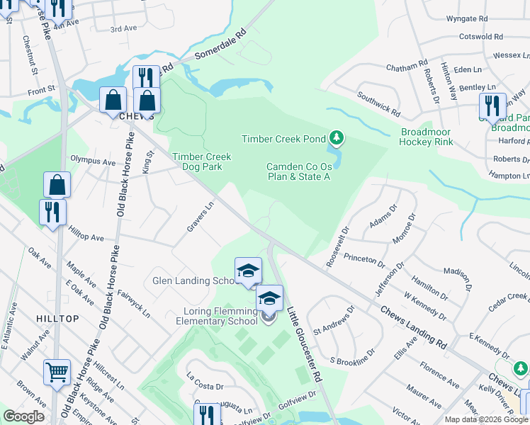 map of restaurants, bars, coffee shops, grocery stores, and more near 1501 Chews Landing Road in Camden County