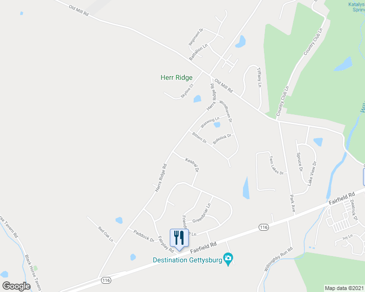 map of restaurants, bars, coffee shops, grocery stores, and more near 14 Kestrel Drive in Gettysburg