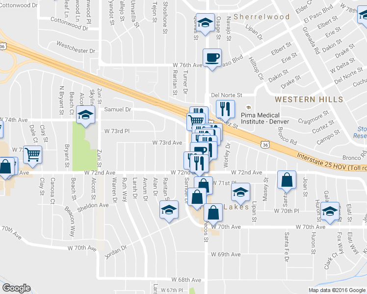map of restaurants, bars, coffee shops, grocery stores, and more near 7305 North Pecos Street in Denver