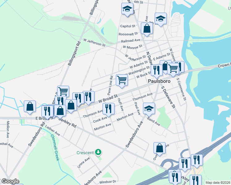 map of restaurants, bars, coffee shops, grocery stores, and more near 260 West Buck Street in Paulsboro