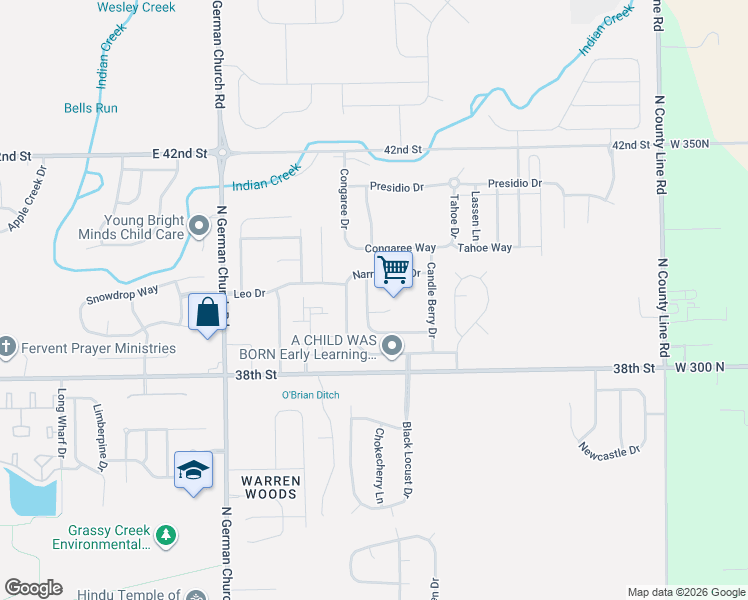 map of restaurants, bars, coffee shops, grocery stores, and more near 3952 Narrowleaf Court in Indianapolis