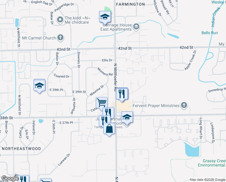 map of restaurants, bars, coffee shops, grocery stores, and more near 3919 Delmont Drive in Indianapolis