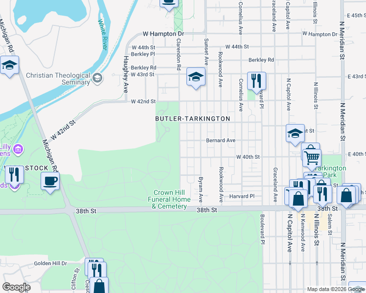 map of restaurants, bars, coffee shops, grocery stores, and more near 626 Bernard Avenue in Indianapolis