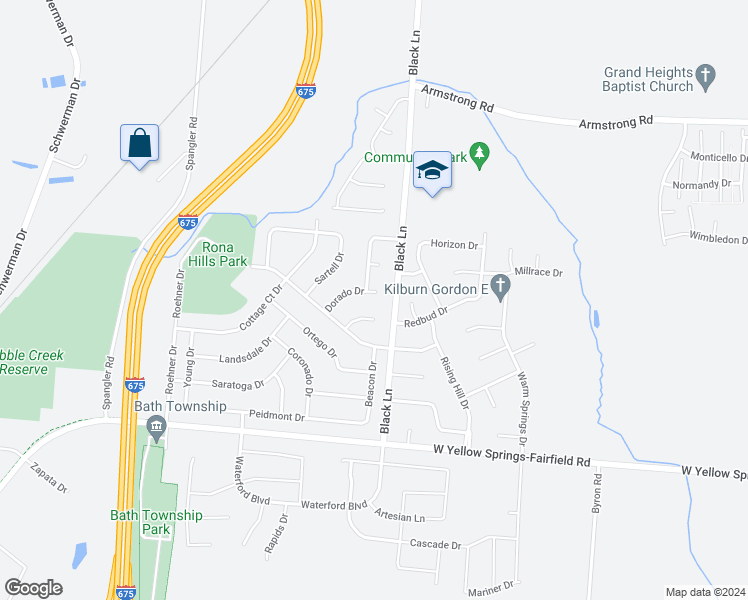 map of restaurants, bars, coffee shops, grocery stores, and more near 604 Dorado Drive in Fairborn