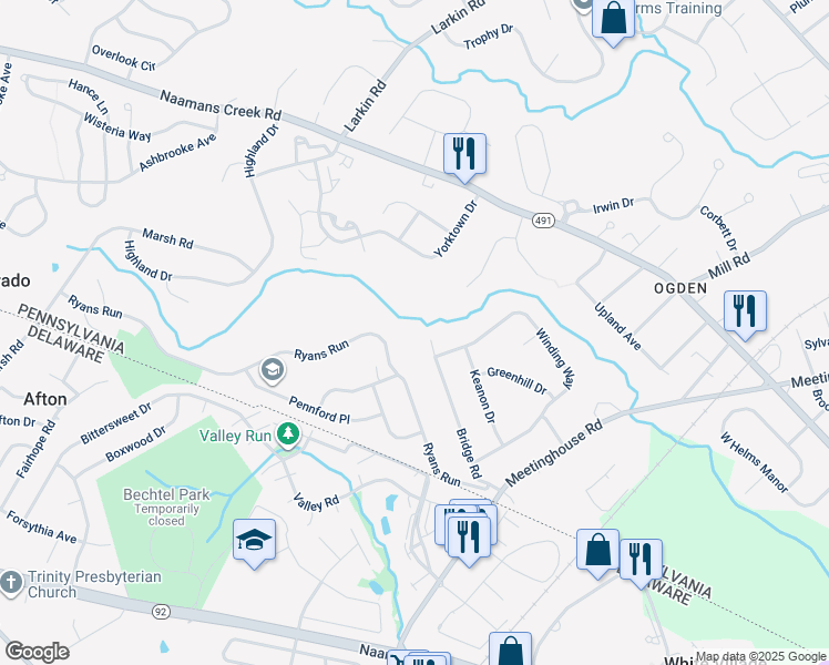 map of restaurants, bars, coffee shops, grocery stores, and more near 241 Bridge Road in Delaware County