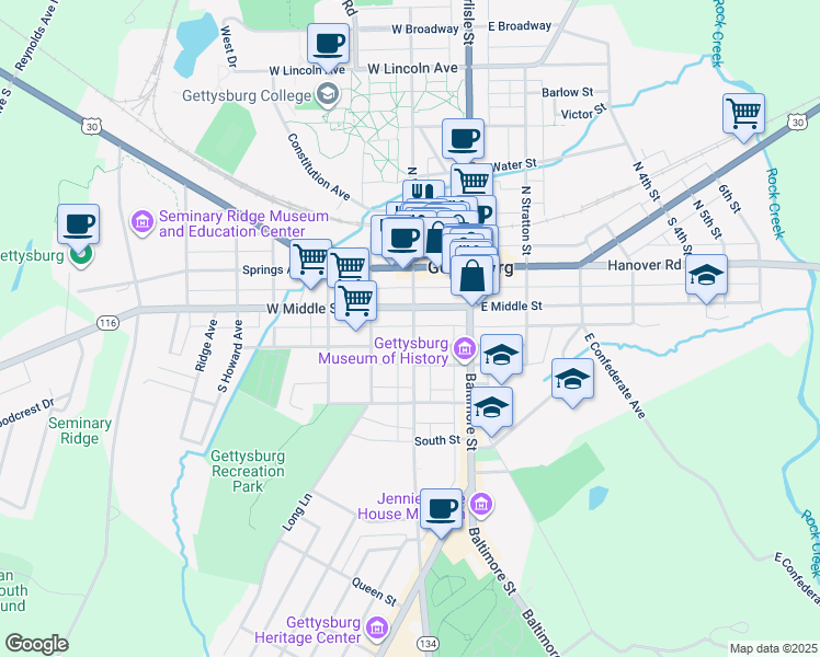 map of restaurants, bars, coffee shops, grocery stores, and more near 137 South Washington Street in Gettysburg