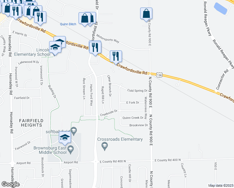 map of restaurants, bars, coffee shops, grocery stores, and more near 242 Brookview Drive in Brownsburg