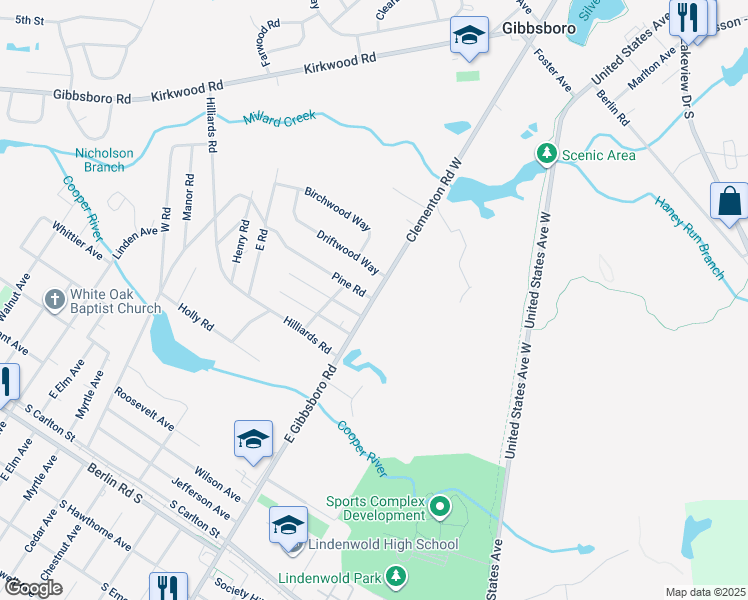 map of restaurants, bars, coffee shops, grocery stores, and more near Clementon Road West & Pine Road in Gibbsboro