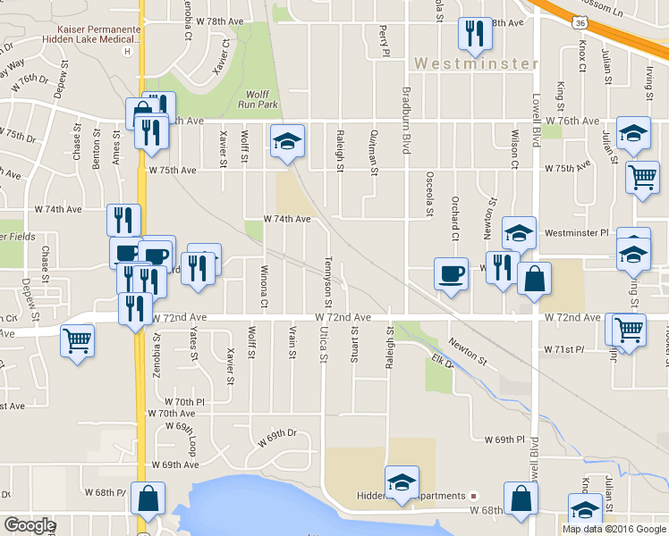 map of restaurants, bars, coffee shops, grocery stores, and more near 7330 Tennyson Street in Westminster