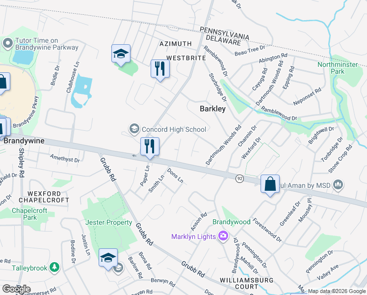 map of restaurants, bars, coffee shops, grocery stores, and more near 2510 Cinder Road in Wilmington