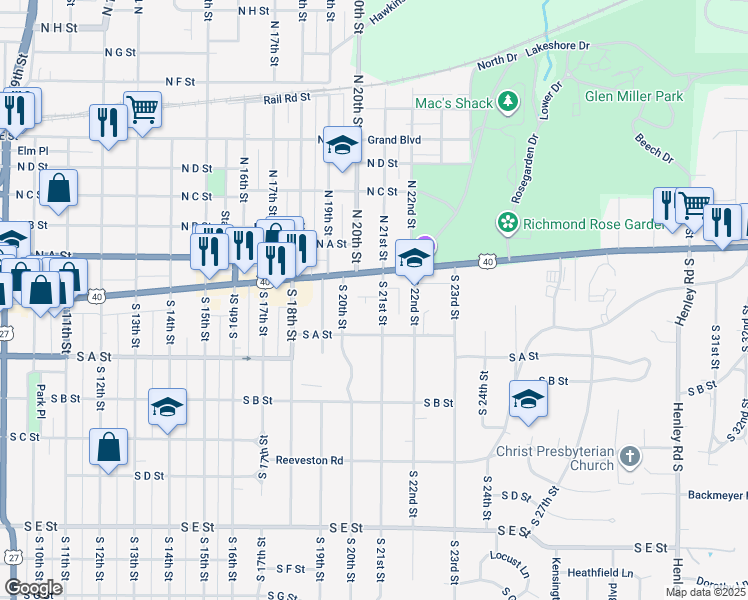 map of restaurants, bars, coffee shops, grocery stores, and more near 24 South 21st Street in Richmond